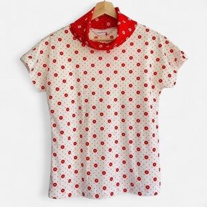 Vintage Lady Arrow Red White Daisy Polka Dot Short Sleeve Turtleneck Blouse Top